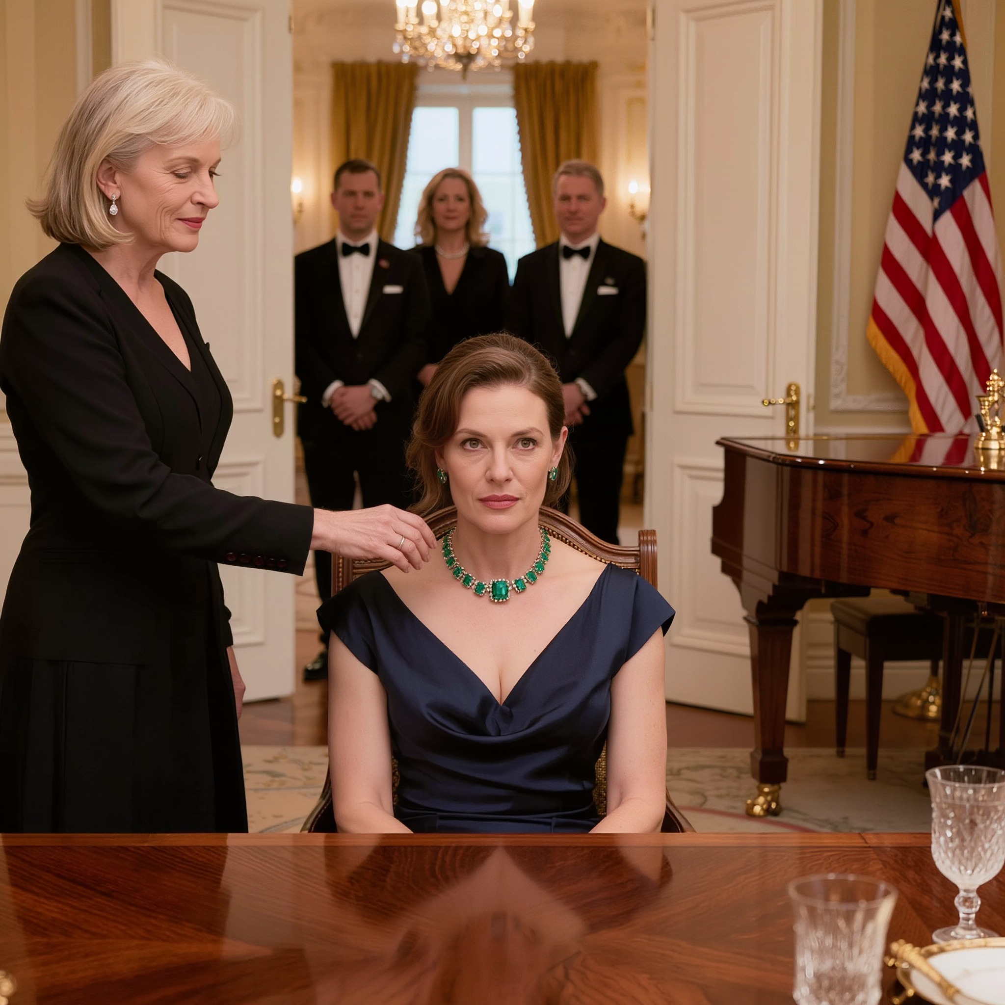 My mother-in-law reached for my emerald necklace right at the dinner table in a hotel in Philadelphia, thinking I would quietly comply without any protest. But before her fingers could touch it, my security team stepped in, and the entire room fell silent as that audacity was suddenly confronted by a reality no one had expected…