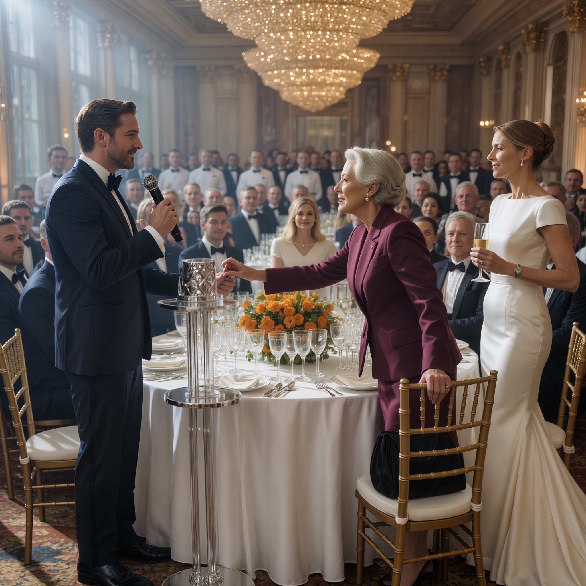 “As your new wife, I’m willing to let your mother live in my old apartment,” my daughter-in-law said into the wedding microphone with a smile that looked generous from far away, but before I could even answer, my son took the mic and calmly announced that her parents and sister would be moving into my house instead—and that was the moment I stood up in my burgundy suit, looked around the ballroom, and realized they had planned to take my home in front of two hundred witnesses
