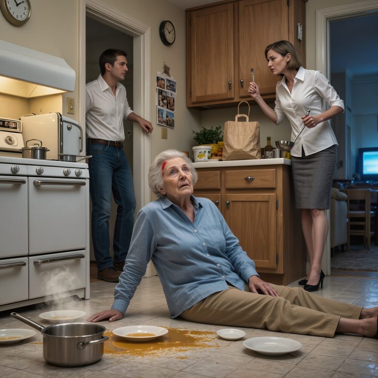 My daughter-in-law brought a soup ladle down against my head and called me useless while my son turned up the TV in the next room, but five minutes later, when the kitchen exploded with the sound of breaking dishes and I hit the floor, the same boy I raised stood in the doorway staring at me like I was the problem and asked, “Mom, what did you do?”