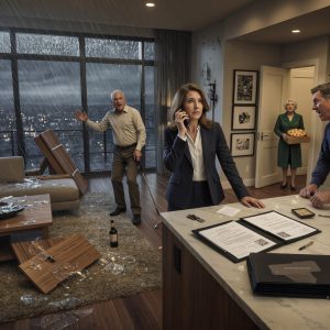 My parents came to my penthouse with golf clubs and a transfer form, screaming that I had to sell my home to cover my brother’s $180,000 debt, and when I refused they started smashing everything they could reach—glass, art, the custom walnut shelves I built with my own hands—but the part that finally made my father stop swinging came when he looked down at the file on my kitchen island and realized the place he had just wrecked wasn’t mine anymore