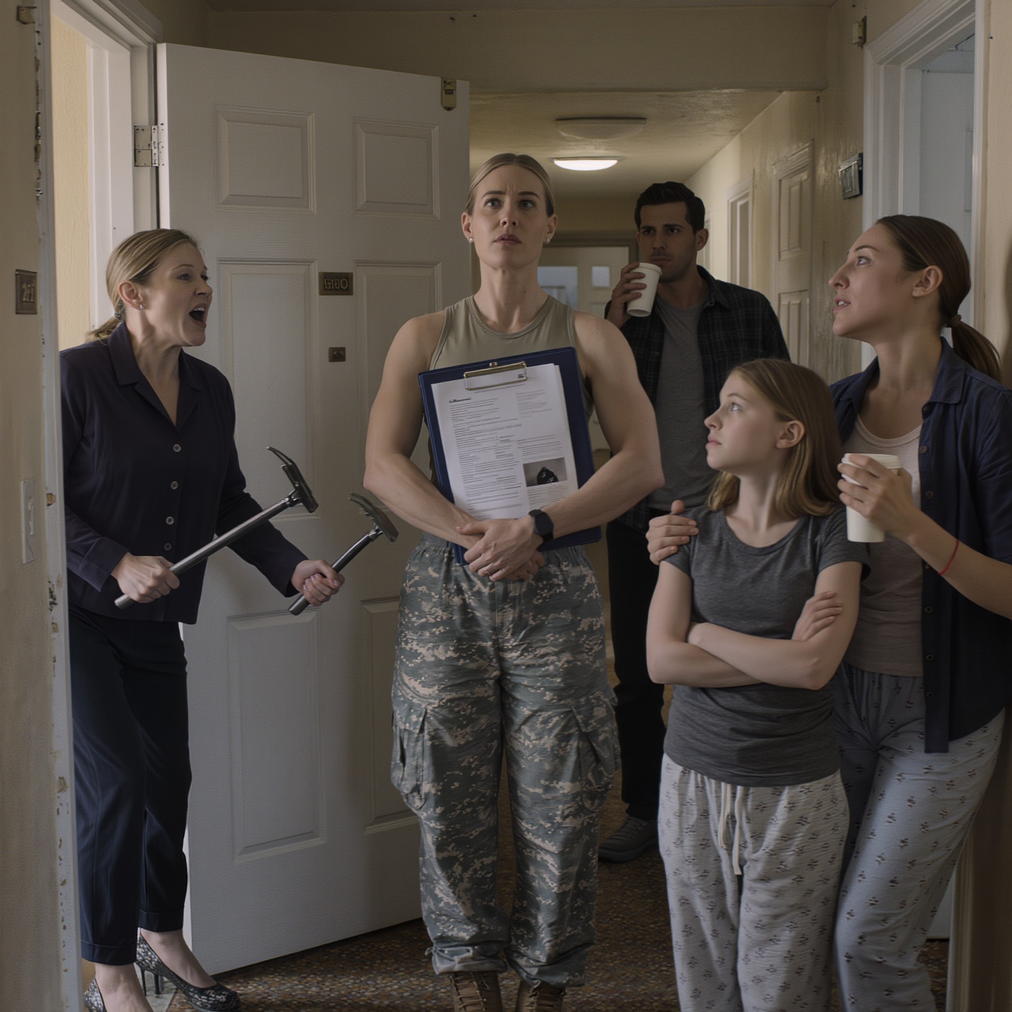 “Break down the door, this is our family’s apartment!” That was what my mother screamed a little after six in the morning, crowbar in hand, out in the narrow hallway of the place I bought with my VA loan. My sister stood beside her in pajama pants and anger, and my father hovered a step back with a paper coffee cup like he had shown up for a show instead of a break-in.