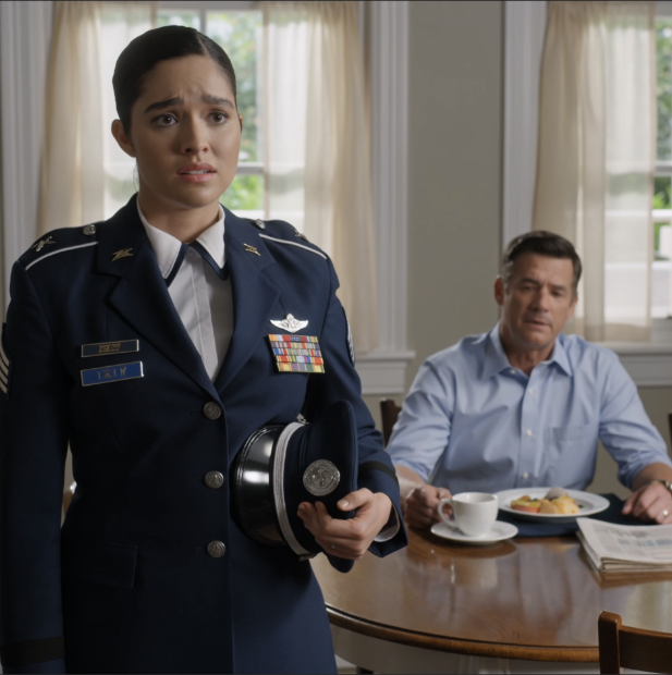 My father looked at me over breakfast, stared at my Air Force dress uniform like it was something shameful in his own kitchen, and said, “You’re embarrassing this family,” but twenty minutes later, in front of two hundred people and a live Pensacola camera, a general walked straight past the front row, stopped in front of me, and said exactly what my father had spent seven years refusing to say out loud.